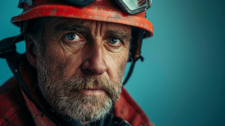 Middle-Aged Firefighter in Helmet and Gogglesの素材