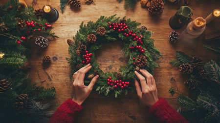 Creating a festive Christmas wreath with natural elements on a wooden tableの素材