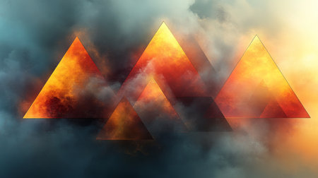Abstract triangular shapes illuminated by fiery colors amid swirling smoke create a dramatic and captivating visual effect. Generative AIの素材