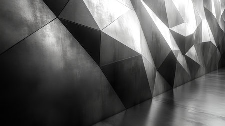 Abstract geometric wall design in monochrome grayscale with sharp angles and textures in a modern architectural space. Generative AIの素材