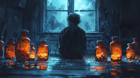 Man Seated by Window With Jarsの素材