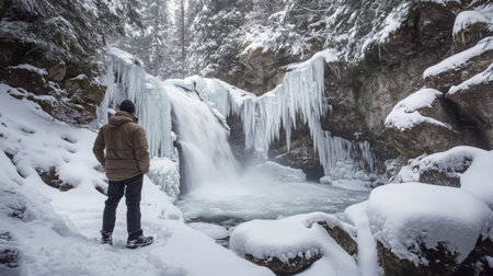 A hiker stands in front of a frozen waterfall in a snowy forestの素材