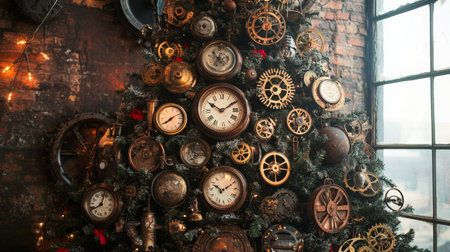 A steampunk Christmas tree is decorated with clocks and gearsの素材