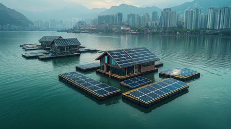 Floating solar homes on calm waters surrounded by mountains and a city skyline during the early morning light. Generative AIの素材
