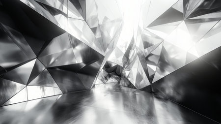 Futuristic metallic landscape with sharp angles and reflective surfaces in an abstract indoor environment. Generative AIの素材