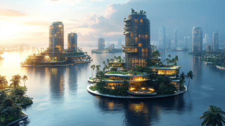 Futuristic waterfront cityscape featuring eco-friendly buildings and lush greenery at sunset. Generative AIの素材