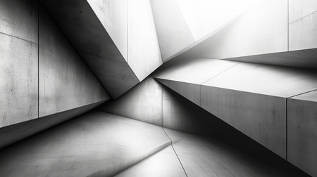 Abstract architectural design featuring sharp angles and contrasting shadows in a minimalist concrete interior space. Generative AIの素材