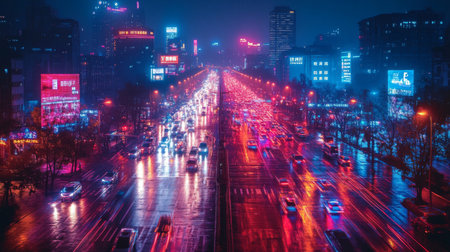 Bright neon lights illuminate a busy city street at night with heavy traffic and rainfall in an urban setting. Generative AIの素材