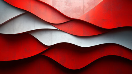 Dynamic red and white wave patterns create a visually striking abstract display in a contemporary art installation. Generative AIの素材