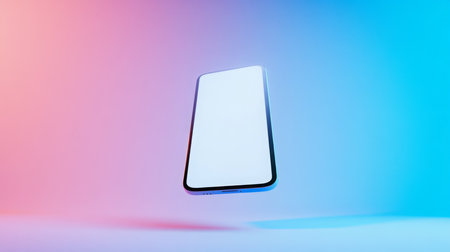 A smartphone floats against a pink and blue gradient backgroundの素材