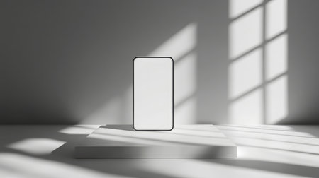 A minimalist smartphone display on a pedestal with dramatic shadows in a bright roomの素材