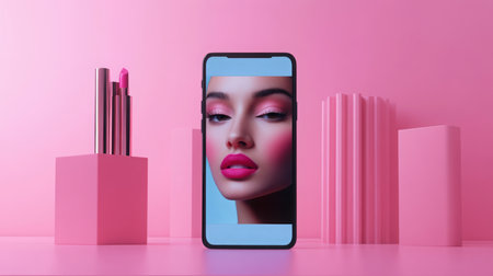 A vibrant beauty display featuring smartphone showcasing makeup art against pink backdropの素材