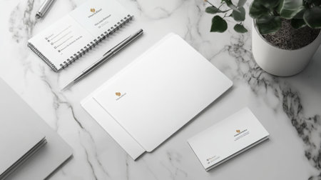 Elegant stationery layout with business cards and notepad on a marble deskの素材