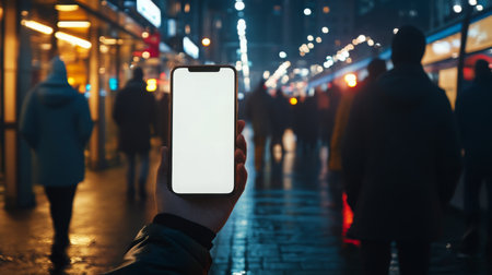 Person holding a blank smartphone in bustling city street at night filled with pedestriansの素材