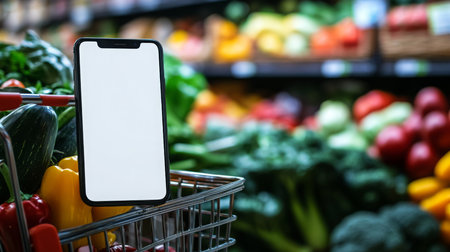 Smartphone on grocery cart in a colorful market with fresh vegetables and fruits displayedの素材