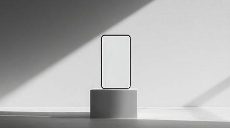 Minimalist smartphone display on a pedestal in a sunlit gallery environmentの素材