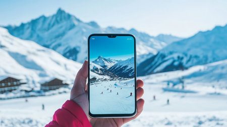 Capturing a snowy mountain landscape on a smartphone during a winter skiing adventureの素材