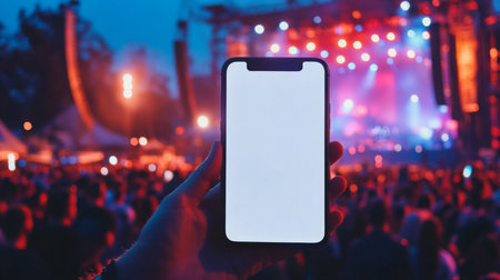 A concertgoer holds smartphone with blank screen at lively outdoor music festival at nightの素材