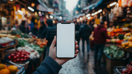 Hand holding a smartphone with blank screen in a vibrant market full of fresh produceの素材