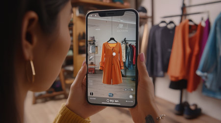 A woman using a mobile app to virtually try on an orange dress in a modern clothing storeの素材
