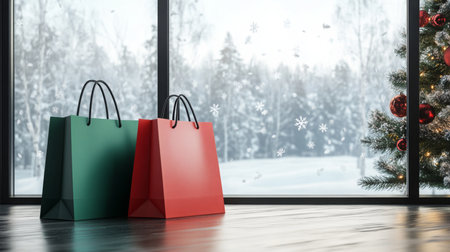 Festive shopping bags near a decorated Christmas tree by a winter window sceneの素材