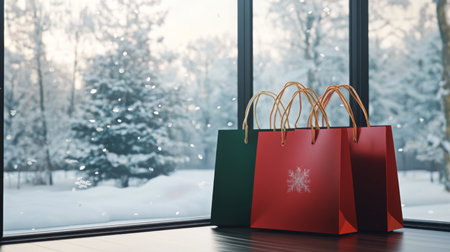 Colorful gift bags sit on a table by a window with a snowy landscape outside during winterの素材