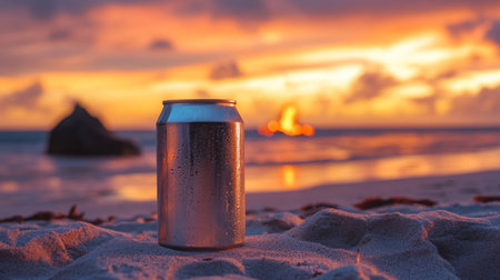 A metallic can sits on the sandy beach during a vibrant sunset over the ocean landscapeの素材