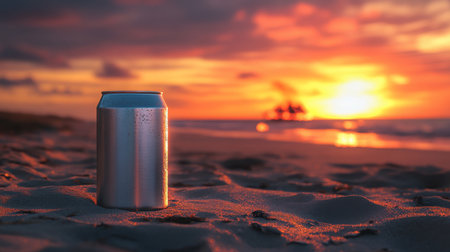 A metallic can resting on the sandy beach at sunset with boats on the horizonの素材