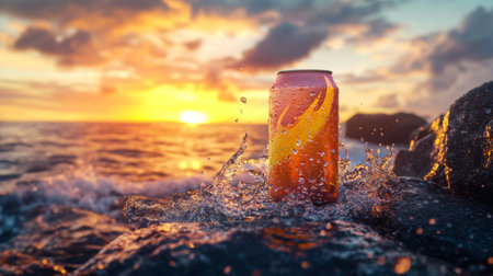 Sunset over the ocean with a vibrant soda can splashing on rocky shoreの素材