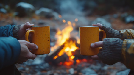 Two people enjoying warm drinks by a campfire in a forest during the early evening. Generative AIの素材