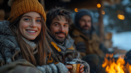A cozy winter gathering around a fire with friends enjoying warm drinks in a snowy outdoor setting at dusk. Generative AIの素材