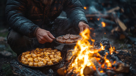 Cooking delicious meals over an open fire during a camping trip in the woods at dusk. Generative AIの素材