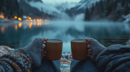 Cozy winter evening by the lake with warm drinks and serene mountain reflections in tranquil setting. Generative AIの素材