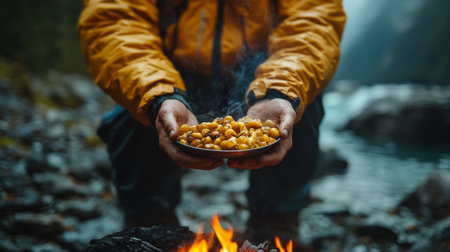 Preparing a warm meal by the riverside while enjoying nature in the early evening glow. Generative AIの素材