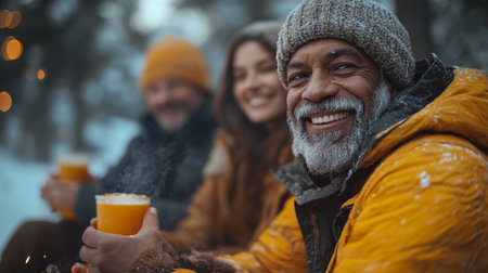 Warm winter gathering of friends enjoying hot drinks and laughter in a snowy landscape during twilight hours. Generative AIの素材