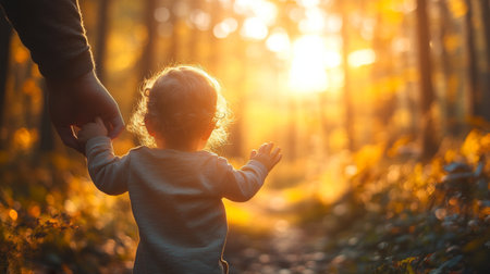 A child walking through a sunlit forest, holding an adults hand during a tranquil autumn evening. Generative AIの素材