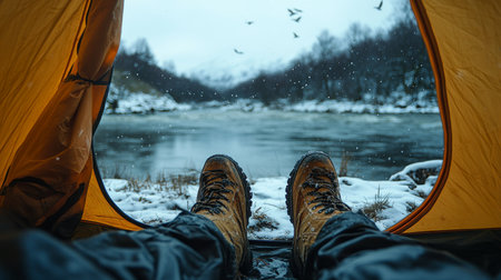 Enjoying a serene winter morning from a tent by a snowy river with mountains in the background and birds in the sky. Generative AIの素材