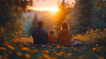 Family enjoying a serene sunset together on a blanket surrounded by wildflowers in a tranquil forest setting. Generative AIの素材