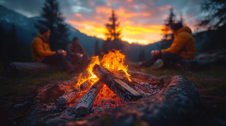Friends gathered around a warm campfire enjoying the sunset in the mountains during a peaceful evening in nature. Generative AIの素材