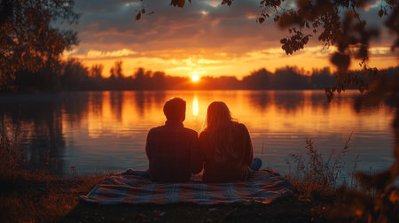 Couple enjoying a serene sunset by the lake, surrounded by nature, creating a romantic moment during the golden hour. Generative AIの素材
