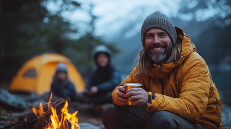 A joyful camper enjoying hot beverage by a warm fire in the wilderness during a tranquil evening adventure. Generative AIの素材