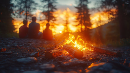 Friends gather around a crackling campfire at sunset in a peaceful forest setting with vibrant orange hues lighting the sky. Generative AIの素材