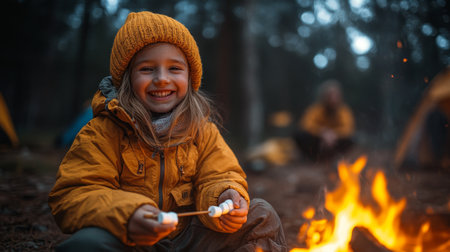 A joyful child roasting marshmallows by a campfire during a cozy evening in the woods surrounded by tents. Generative AIの素材