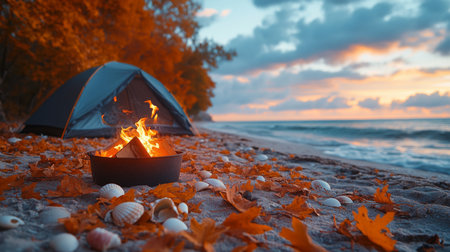 Enjoying a cozy campfire and tent by the beach at sunset surrounded by autumn leaves and seashells. Generative AIの素材