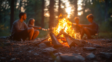 Friends enjoying a campfire, roasting marshmallows, surrounded by trees in the evening light. Generative AIの素材