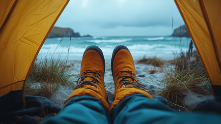 Cozy camping experience with yellow boots by the ocean shore on a cloudy day in a secluded beach location. Generative AIの素材