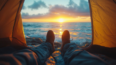 Enjoying a serene sunset view from inside a tent by the ocean on a tranquil evening at the beach. Generative AIの素材