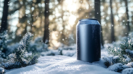 A cold can sits in the snow on a winter dayの素材