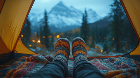 Cozy evening in a mountain campsite with warm socks and a stunning view at twilight. Generative AIの素材