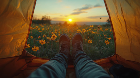 Enjoying a sunrise view from a camping tent surrounded by blooming flowers in a peaceful meadow. Generative AIの素材